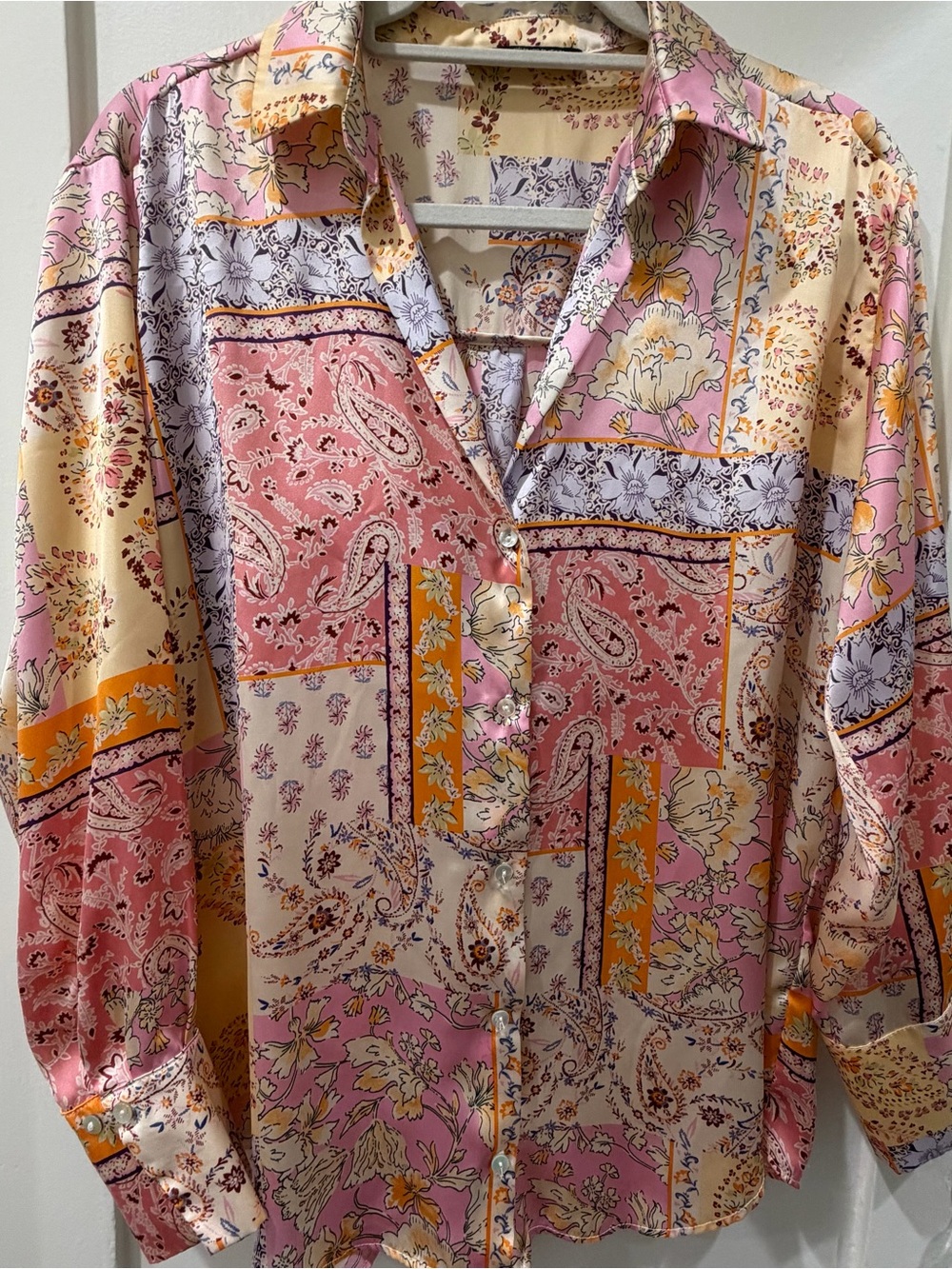Zara Pink and Yellow Paisley Patchwork Satin Button-Down Shirt
